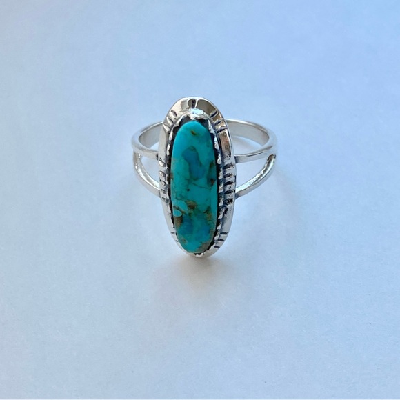 Sterling Silver Oval Genuine Turquoise Ring with Shank, Boho Ring, Silver Rings - Picture 3 of 13